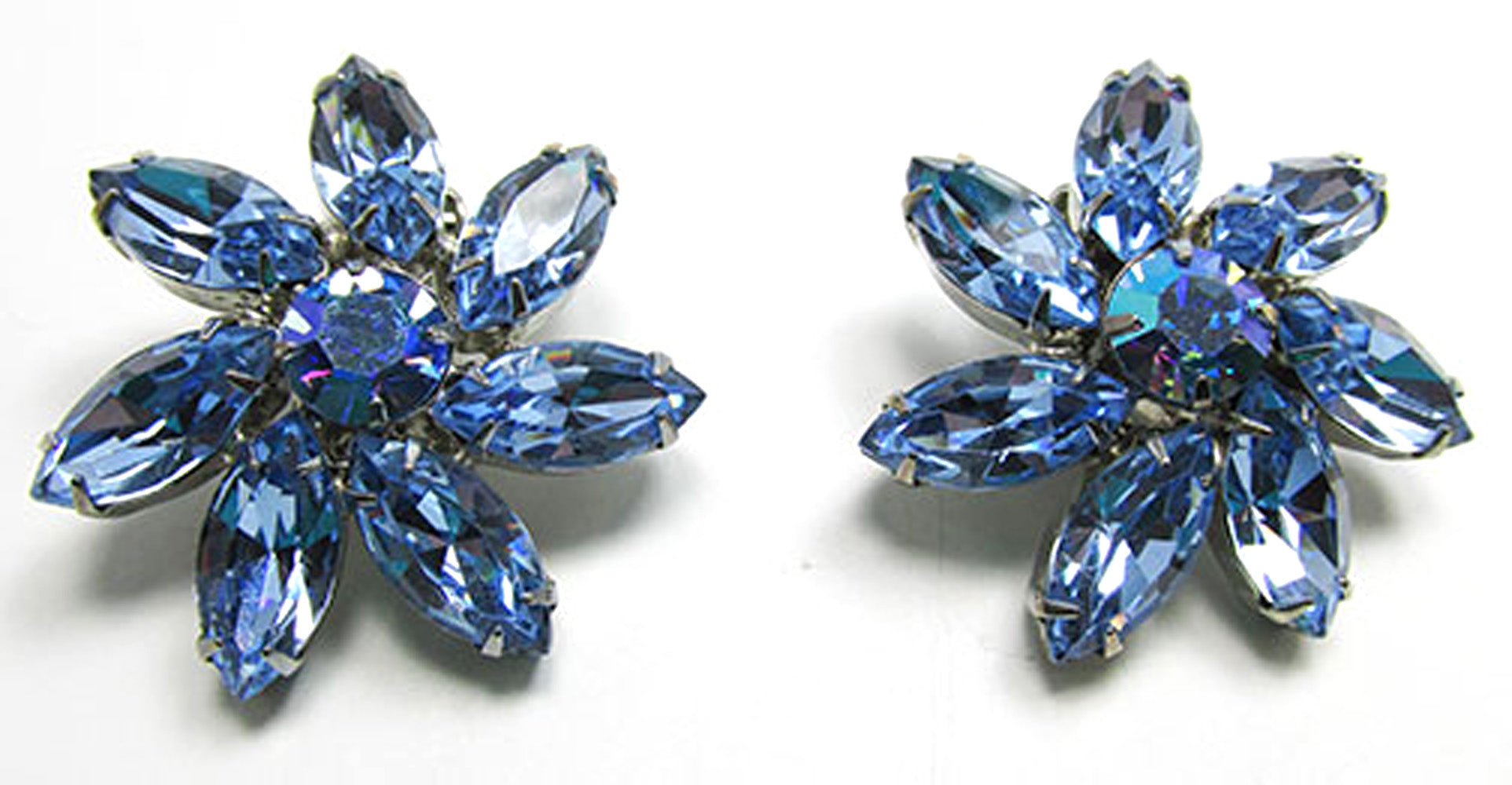Weiss Vintage 1950s Sapphire Blue Rhinestone Floral Earrings - Front