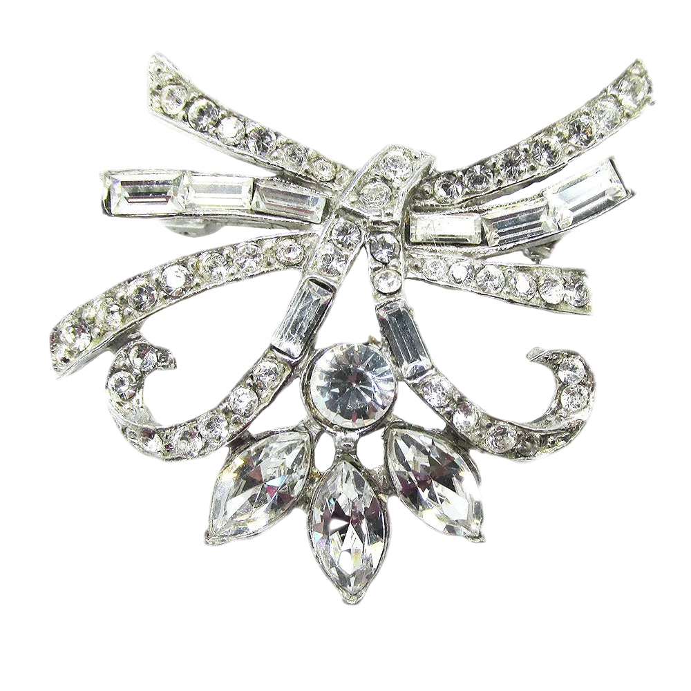 Vintage 1950s Exquisite Clear Rhinestone and Silver Tone Floral Brooch -Front