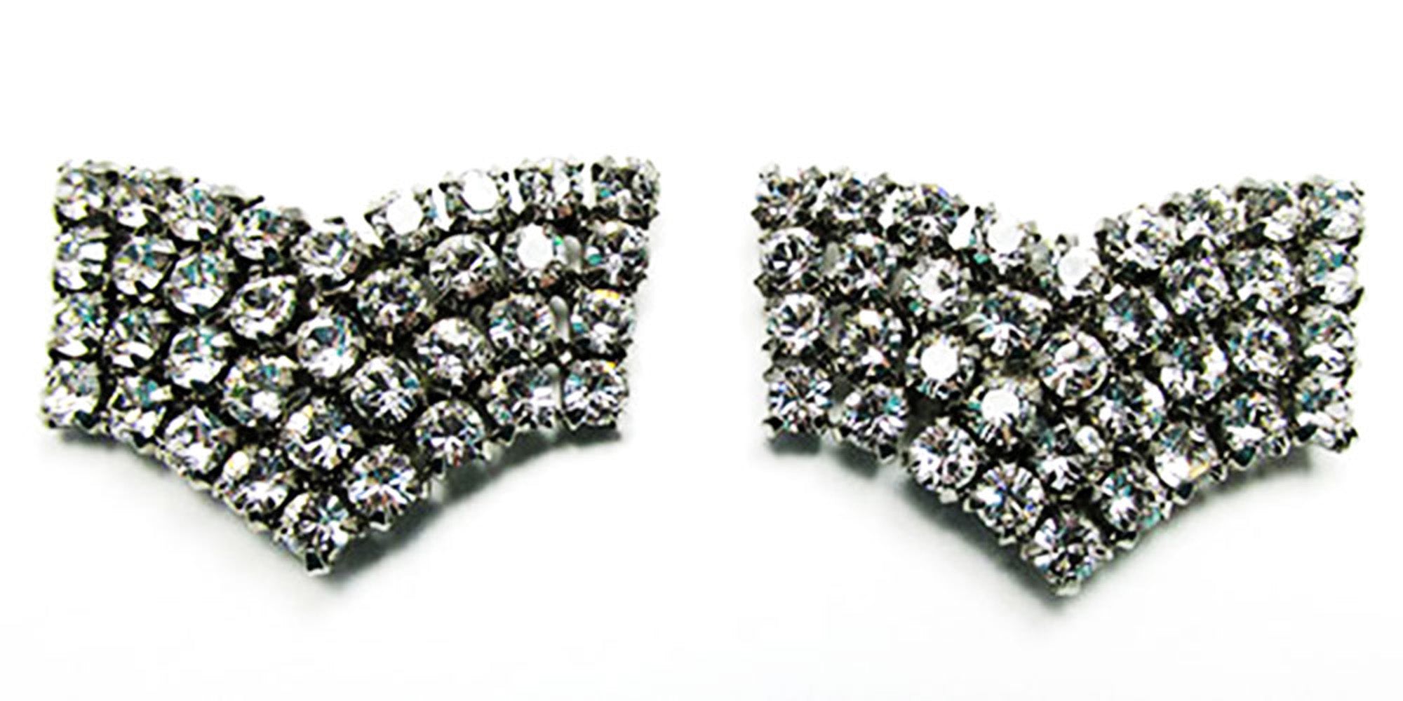 Signed Bluette Vintage 1950 Geometric Rhinestone Shoe Clips - Front