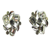 Vintage 1950s Lisner Clear Rhinestone Silver Floral Earrings - Front Close Up - Thumbnail