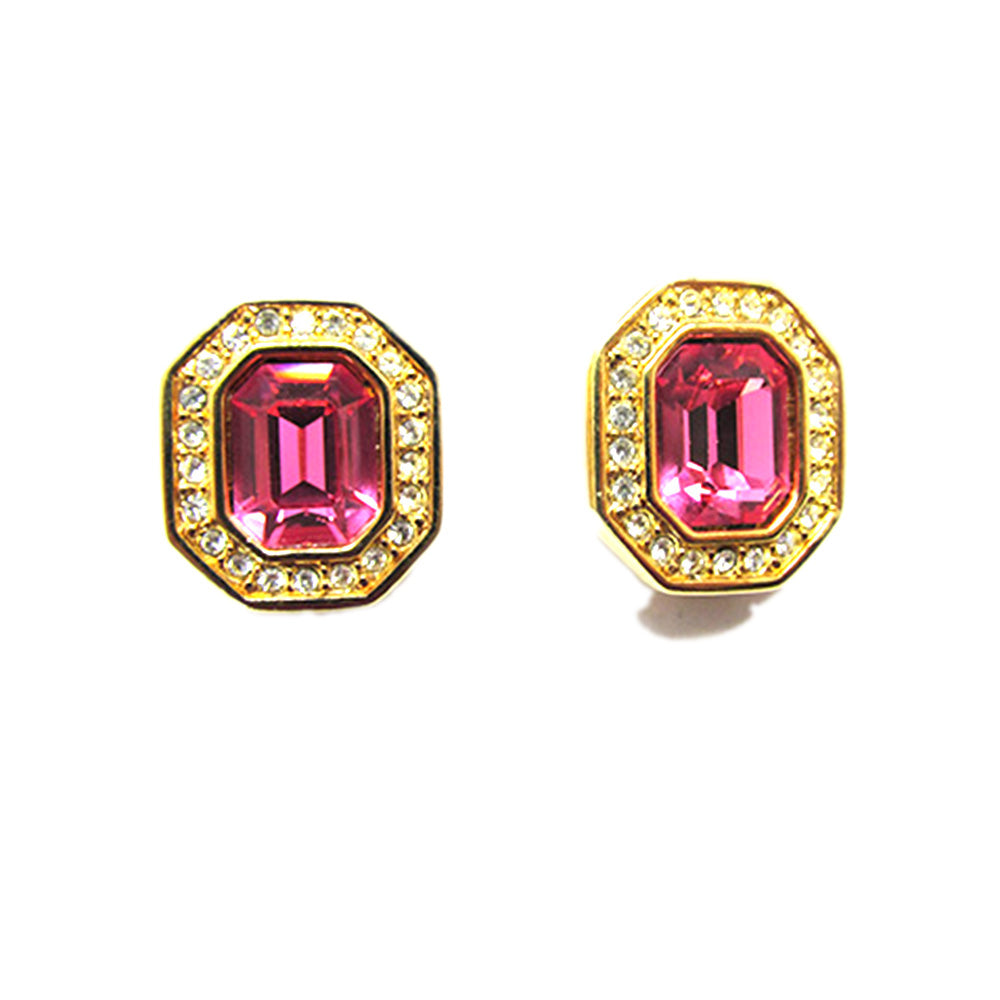 Signed Swarovski Vintage 1970s Geometric Rhinestone Earrings - Front