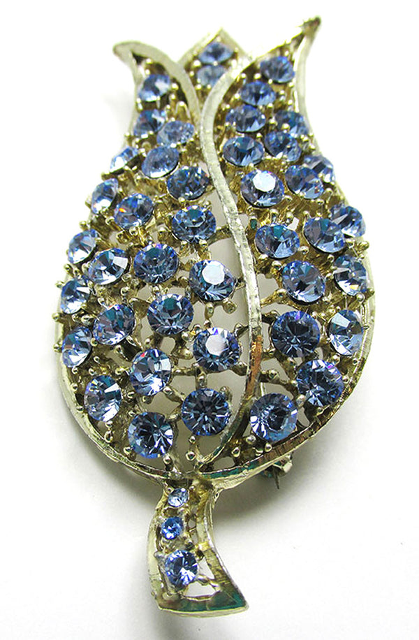 Vintage 1950s Mid-Century Sapphire Blue Rhinestone Floral Pin - Front
