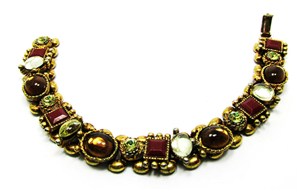 Vintage 1940s Citrine, Carnelian, and Topaz Rhinestone Link Bracelet - Front