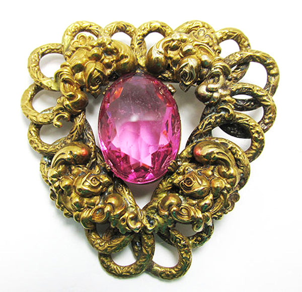 Rare Signed Style Metal Spec. Vintage 1930s Rhinestone Art Nouveau Pin - Front