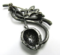 Charming 1950s Vintage Clear Rhinestone and Silver Floral Pin - Back - Thumbnail