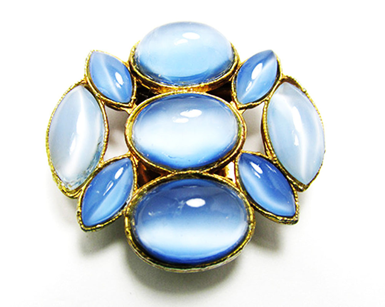 Vintage 1940s Mid-Century Blue Moonstone Cabochon Dress Clip - Front