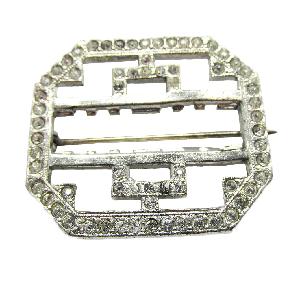 Vintage 1930s Art Deco Style Clear Rhinestone and Silver Pin - Front