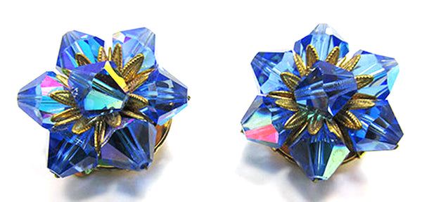 Sparkling Vintage 1960s Mid-Century Sapphire Blue Crystal Earrings - Front