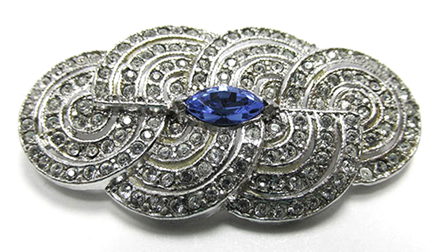 Vintage 1950s Mid-Century Rhinestone and Silver Toned Swirl Pin  Front