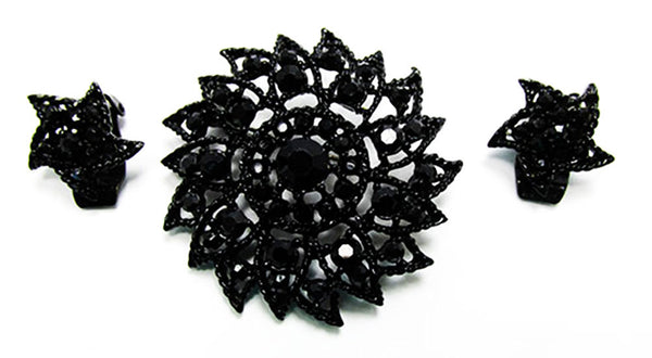 Vintage 1950s Striking Black Rhinestone Floral Pin and Earrings - Front