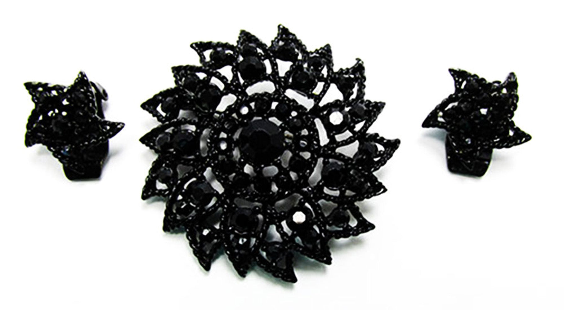 Vintage 1950s Striking Black Rhinestone Floral Pin and Earrings - Front