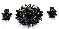 Vintage 1950s Striking Black Rhinestone Floral Pin and Earrings - Back - Thumbnail
