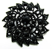 Vintage 1950s Striking Black Rhinestone Floral Pin and Earrings - Pin - Thumbnail