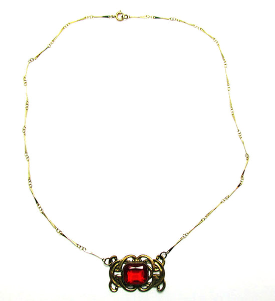 Vintage 1930s Czechoslovakia Brass Art Nouveau Rhinestone Necklace - Front