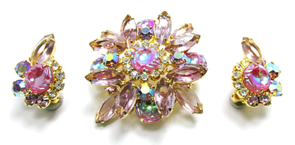 Vintage 1950s Mid-Century Pink Rhinestone Floral Pin and Earrings - Front