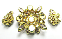Vintage 1950s Mid-Century Pink Rhinestone Floral Pin and Earrings - Back - Thumbnail