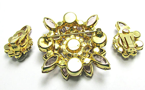 Vintage 1950s Mid-Century Pink Rhinestone Floral Pin and Earrings - Back