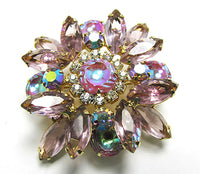 Vintage 1950s Mid-Century Pink Rhinestone Floral Pin and Earrings - Pin Front - Thumbnail