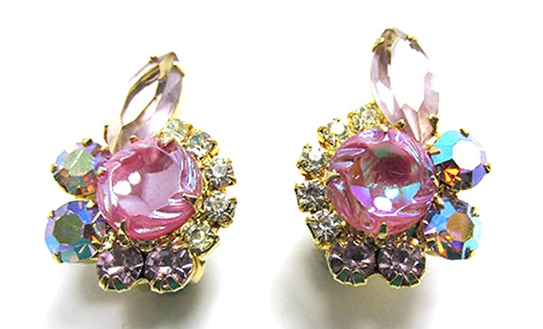 Vintage 1950s Mid-Century Pink Rhinestone Floral Pin and Earrings -  Earring Fronts