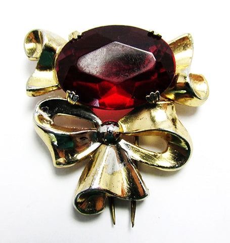 Signed Coro Vintage 1940s Ruby Red Rhinestone Bow Fur Clip - Front