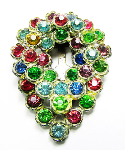 1930s Vintage Art Deco Multicolored Rhinestone Pot Metal Dress Clip - Front
