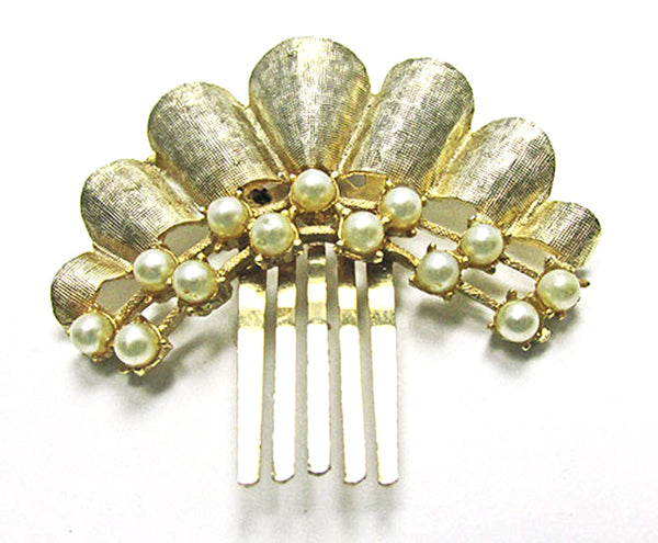 Vintage 1960s Mid-Century Contemporary Style Pearl and Gold Hair Comb - Front