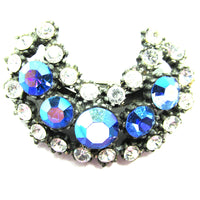Attractive 1950s Vintage Crescent Shaped Blue and Clear Diamante Pin - Front - Thumbnail