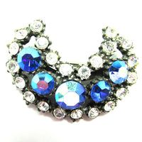 Attractive 1950s Vintage Crescent Shaped Blue and Clear Diamante Pin - Front - Thumbnail