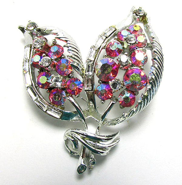 Coro Vintage 1950s Pink AB and Clear Rhinestone Floral Pin - Front