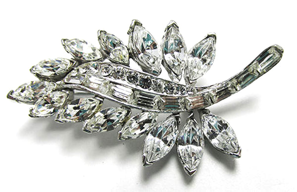 Signed Pell Vintage 1950s Mid-Century Clear Rhinestone Leaf Pin - Front