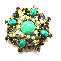 Vintage 1950s Timeless Malachite, Pearl, and Rhinestone Pin - Front - Thumbnail