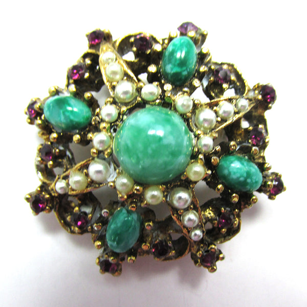 Vintage 1950s Timeless Malachite, Pearl, and Rhinestone Pin - Front