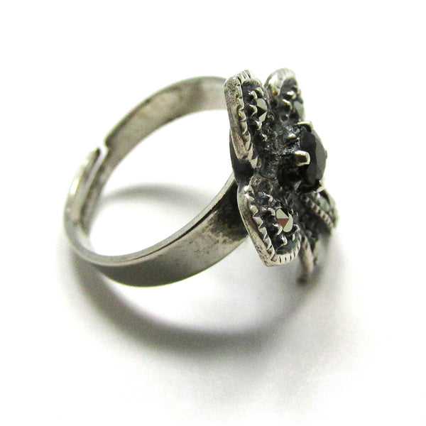 Mid-Century 1960s Vintage Marcasite and Diamante Fashion Ring - Side