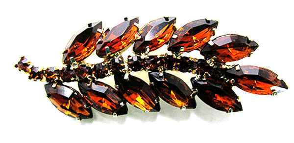 Vintage 1950s Exceptional Mid-Century Topaz Rhinestone Leaf Pin - Front