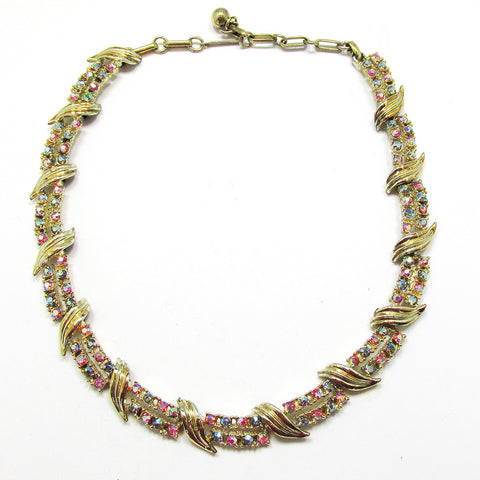 Coro 1950s Designer Mid-Century Iridescent Diamante Link Necklace - Front