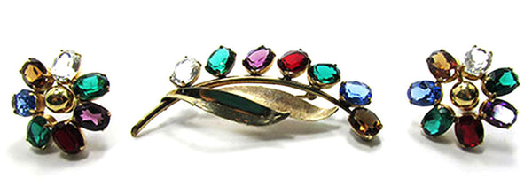 Van Dell Vintage Rhinestone and Gold-Filled Floral Pin and Earrings - Front