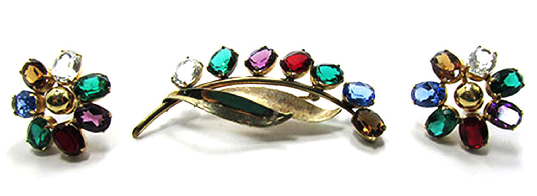 Van Dell Vintage Rhinestone and Gold-Filled Floral Pin and Earrings - Front