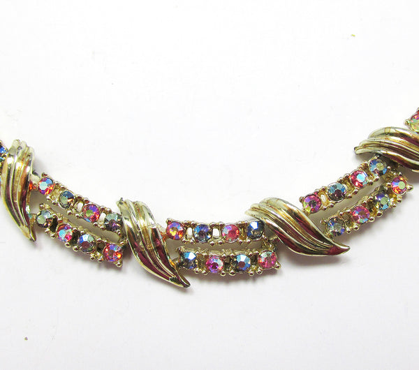 Coro 1950s Designer Mid-Century Iridescent Diamante Link Necklace - Front Close Up