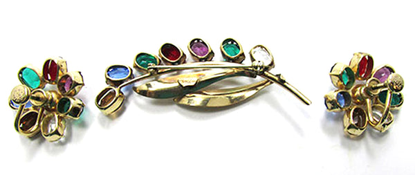Van Dell Vintage Rhinestone and Gold-Filled Floral Pin and Earrings - Back