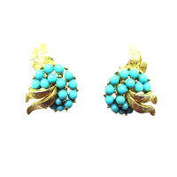 1950s Vintage Signed Crown Trifari Designer Turquoise Bead Earrings - Front - Thumbnail
