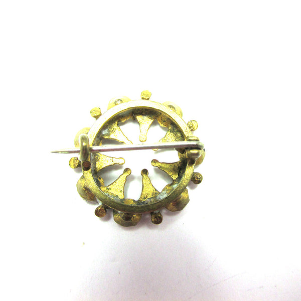 Dainty 1930s Retro Diamante, Brass, and Enamel Circular Pin - Back