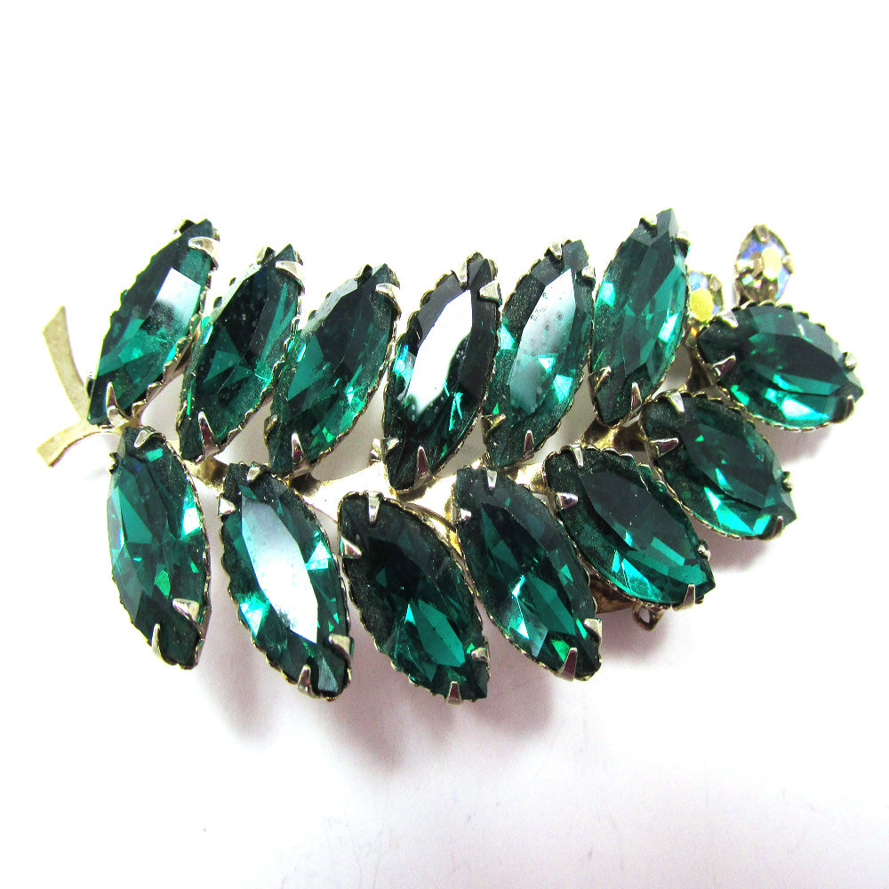 Flawless Vintage 1950s Mid-Century Green Diamante Leaf Spray Pin - Front