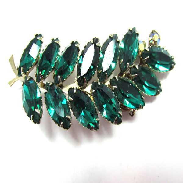 Flawless Vintage 1950s Mid-Century Green Diamante Leaf Spray Pin - Front