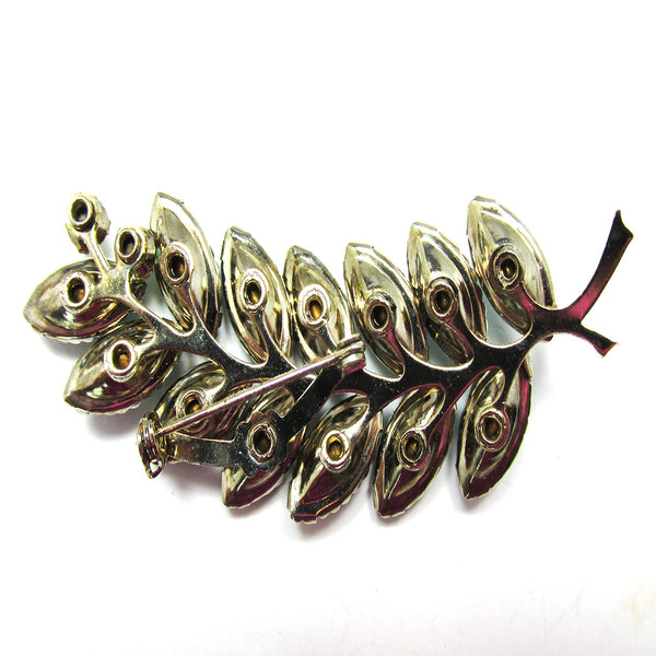 Flawless Vintage 1950s Mid-Century Green Diamante Leaf Spray Pin - Back