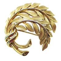 Vintage 1950s Signed Crown Trifari Designer Gold Leaf Pin - Front - Thumbnail