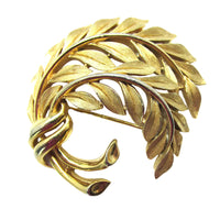 Vintage 1950s Signed Crown Trifari Designer Gold Leaf Pin - Front - Thumbnail