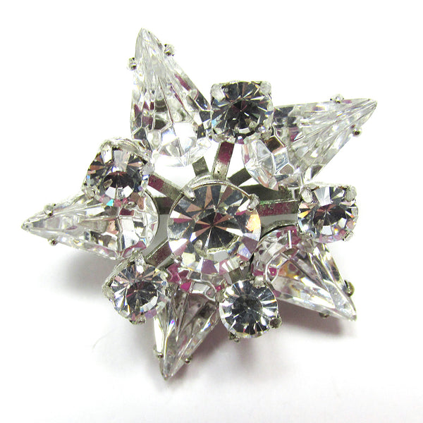 Vintage 1950s Three-Dimensional Sparkling Clear Diamante Star Pin - Front