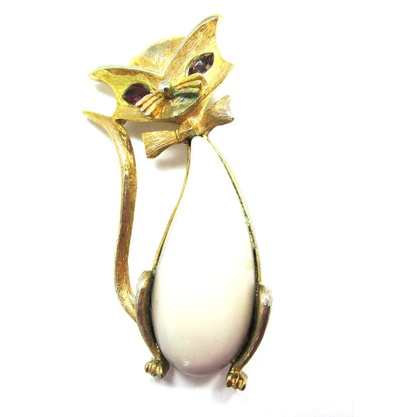 Signed JJ 1950s Vintage Designer Mid-Century Diamante Cool Cat Pin - Front