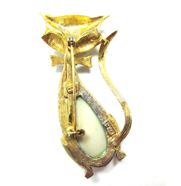 Signed JJ 1950s Vintage Designer Mid-Century Diamante Cool Cat Pin - Back