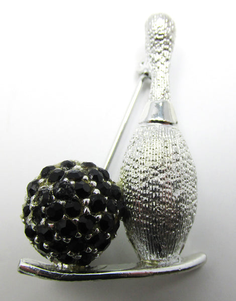 Vintage 1950 Signed Dodds Black Rhinestone and Silver Bowling Ball Pin - Front